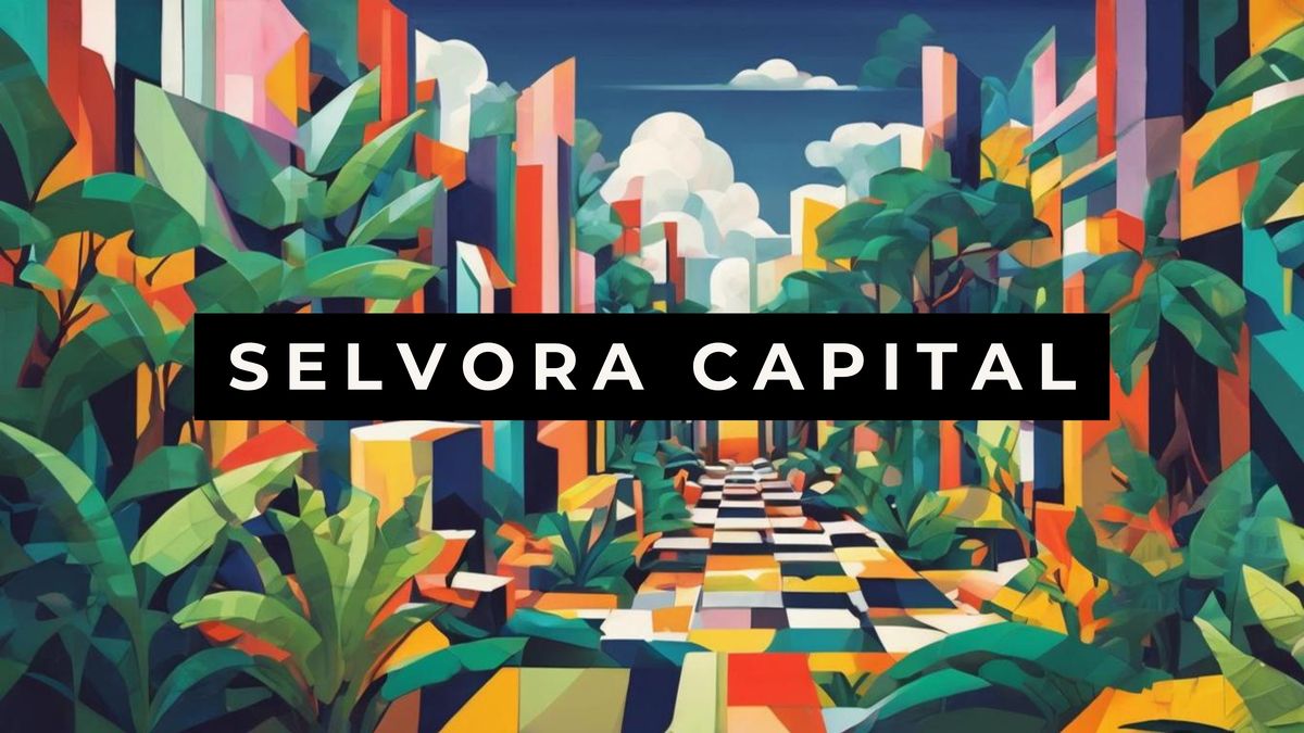 Arte da marca Selvora Capital: uma avenida de cidade tomada por mata tropical, com o logotipo Selvora Capital ao centro